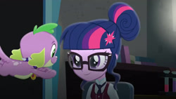 Size: 3410x1920 | Tagged: safe, screencap, sci-twi, spike, spike the regular dog, twilight sparkle, dog, equestria girls, g4, my little pony equestria girls: friendship games, butt, clothes, crystal prep academy uniform, duo, female, glasses, high res, male, necktie, plot, school tie, school uniform, schoolgirl, smiling, uniform