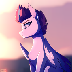 Size: 2400x2400 | Tagged: safe, artist:celes-969, zipp storm, pegasus, pony, g5, cloud, evening, female, high res, looking away, mare, sitting, solo, sunset, wings