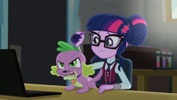 Size: 3410x1920 | Tagged: safe, screencap, sci-twi, spike, spike the regular dog, twilight sparkle, dog, equestria girls, g4, my little pony equestria girls: friendship games, female, glasses, high res, magic capture device, male, open mouth, smiling