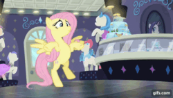 Size: 640x360 | Tagged: safe, screencap, fluttershy, pegasus, pony, fake it 'til you make it, g4, season 8, animated, bipedal, cute, eyes closed, female, floppy ears, flying, gif, gifs.com, grin, mannequin, mare, shyabetes, smiling, solo, spinning, spread wings, tangled up, wings