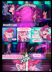 Size: 1275x1775 | Tagged: safe, artist:alcor, pinkie pie, earth pony, human, pony, comic:double trouble (alcor), equestria girls, g4, catsuit, comic, dialogue, duality, explicit source, female, human ponidox, mare, mirror portal, pinkie spy, ponk, self paradox, self ponidox, speech bubble