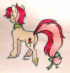 Size: 1531x1600 | Tagged: safe, artist:13pw, roseluck, earth pony, pony, g4, bow, butt, collar, commission, commissioner:doom9454, cute, long tail, pet tag, plot, pony pet, rosebutt, rosepet, tail, tail bow, traditional art