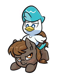 Size: 1000x1249 | Tagged: safe, artist:happy harvey, oc, oc:rye bread, bird, duck, earth pony, pony, quaxly, angry, blushing, butt freckles, crossover, ear fluff, ear freckles, female, filly, foal, freckles, hairband, looking down, looking up, phone drawing, pokemon scarlet and violet, pokémon, simple background, sitting on person, sitting on pony, smug, transparent background
