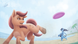 Size: 3840x2160 | Tagged: safe, artist:vandyart, oc, oc only, pony, adoptable, beach, commission, duo, frisbee, high res, palm tree, tree, ych result