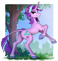 Size: 1520x1585 | Tagged: safe, artist:yakovlev-vad, starlight glimmer, classical unicorn, pony, unicorn, alternate hairstyle, butt, cloven hooves, cute, glimmer glutes, glimmerbetes, grin, horn, leonine tail, lidded eyes, looking at you, looking back, looking back at you, nature, pale belly, plot, raised hoof, rearing, smiling, smug, solo, tail, tree, unshorn fetlocks