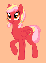 Size: 572x768 | Tagged: safe, artist:happyhippoadopts, oc, oc only, pegasus, pony, base used, cute, female, filly, foal, folded wings, freckles, looking up, multicolored hair, ocbetes, offspring, orange background, parent:big macintosh, parent:fluttershy, parents:fluttermac, pegasus oc, pigtails, raised hoof, simple background, smiling, solo, wings