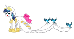 Size: 1316x696 | Tagged: safe, artist:swiftgaiathebrony, shining armor, bird, pony, unicorn, g4, clothes, crossdressing, dress, girly, lipstick, male, simple background, solo, stallion, transparent background, wedding dress, wedding veil