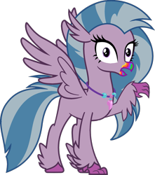 Size: 1397x1580 | Tagged: safe, artist:php170, silverstream, classical hippogriff, hippogriff, undead, zombie, 28 pranks later, g4, beak, colored pupils, cookie zombie, female, fluffy, implied rainbow dash, jewelry, looking at you, necklace, quadrupedal, rainbow muzzle, raised arm, raised talon, simple background, solo, spread wings, standing, tail, talons, transparent background, vector, wings