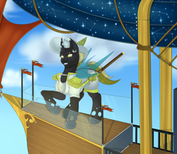 Size: 4724x4094 | Tagged: safe, artist:creed larsen, oc, changeling, pony, airship, clothes, fangs, hat, horn, saber, sky, smiling, solo, stars, weapon, wings, yellow changeling