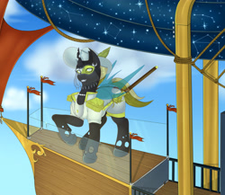 Size: 4724x4094 | Tagged: safe, artist:creed larsen, oc, changeling, pony, airship, clothes, fangs, hat, horn, mask, saber, sky, smiling, solo, stars, weapon, wings, yellow changeling