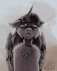 Size: 960x1200 | Tagged: safe, artist:deidad dissitum, twilight sparkle, alicorn, pony, g4, annoyed, cheek fluff, chest fluff, floppy ears, looking at you, solo, stressed, twilight sparkle (alicorn)