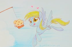 Size: 1936x1271 | Tagged: safe, artist:yukkuri_yu_yu, derpy hooves, pegasus, pony, g4, carrot on a stick, derp, emanata, eyes on the prize, female, flying, food, heart, mare, muffin, muffin on a stick, solo, spread wings, that pony sure does love muffins, tongue out, traditional art, wings