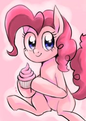 Size: 565x800 | Tagged: safe, artist:yukkuri_yu_yu, pinkie pie, earth pony, pony, g4, bipedal, cupcake, cute, diapinkes, female, food, hoof hold, looking at you, mare, pink background, simple background, smiling, smiling at you, solo