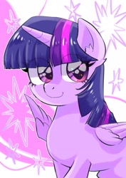 Size: 2507x3541 | Tagged: safe, artist:yukkuri_yu_yu, twilight sparkle, alicorn, pony, g4, cutie mark, cutie mark background, eye clipping through hair, female, high res, looking at you, mare, smiling, smiling at you, solo, twilight sparkle (alicorn)