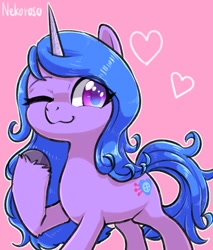 Size: 1024x1200 | Tagged: safe, artist:yukkuri_yu_yu, izzy moonbow, pony, unicorn, g5, :3, female, heart, looking at you, mare, one eye closed, pink background, raised hoof, signature, simple background, smiling, smiling at you, solo, wink, winking at you
