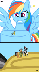 Size: 3000x5493 | Tagged: safe, artist:princessmoonsilver, daring do, quibble pants, rainbow dash, oc, oc:checkerboard, earth pony, pegasus, pony, g4, comic, excited, female, giant pony, giantess, macro, male, mare, smiling, stallion