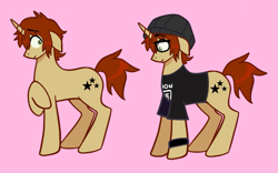 Size: 927x578 | Tagged: safe, artist:k0br4, pony, unicorn, bracelet, brown hair, clothes, emo, glasses, green eyes, hat, i like trains, jewelry, lol, long pony, mikey way, my chemical romance, ponified, question mark, shirt, solo, stars, three cheers for sweet revenge, wtf