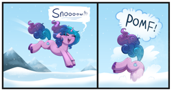 Size: 4237x2236 | Tagged: safe, artist:confetticakez, izzy moonbow, pony, unicorn, g5, 2 panel comic, behaving like a fox, buttstuck, comic, cute, dialogue, eyes closed, female, horn, izzybetes, mare, onomatopoeia, open mouth, pomf, ponified animal photo, silly, silly pony, snow, solo, speech bubble, stuck, unshorn fetlocks