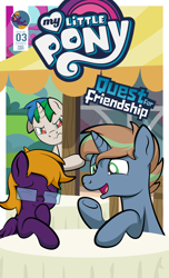 Size: 1920x3168 | Tagged: safe, artist:alexdti, oc, oc only, oc:brainstorm (alexdti), oc:purple creativity, oc:star logic, pegasus, pony, unicorn, comic:quest for friendship, comic, eyes closed, female, glasses, high res, hoof over mouth, hooves, horn, jealous, looking at someone, male, mare, my little pony logo, one ear down, open mouth, open smile, pegasus oc, shading, smiling, stallion, two toned mane, underhoof, unicorn oc, wavy mouth