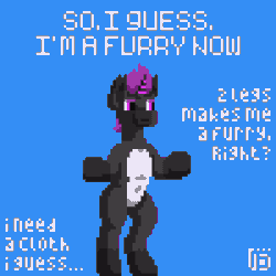 Size: 800x800 | Tagged: safe, artist:vohd, oc, oc only, oc:ex, pony, unicorn, semi-anthro, animated, belly button, bipedal, blue background, colored hooves, featureless crotch, full body, gif, gray coat, hooves, horn, looking around, loop, male, no tail, pixel art, purple eyes, purple mane, signature, simple background, solo, stallion, standing, sway, text, unicorn oc, white belly