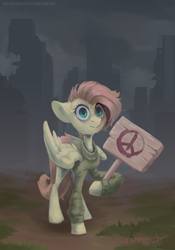 Size: 1918x2738 | Tagged: safe, artist:yarugreat, fluttershy, pegasus, pony, g4, alternate hairstyle, anti-war, clothes, comments locked down, current events, description is relevant, female, graveyard of comments, high res, hoof hold, looking at you, mare, outdoors, partially open wings, peace symbol, raised hoof, ruins, shocked, shocked expression, short hair, sign, solo, standing, sweater, sweatershy, terrified, three quarter view, wings, younger