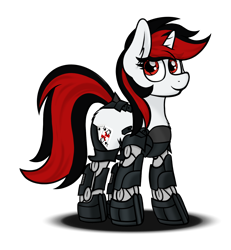 Size: 1464x1583 | Tagged: safe, artist:aaathebap, oc, oc:blackjack, cyborg, cyborg pony, pony, unicorn, fallout equestria, fallout equestria: project horizons, amputee, cybernetic legs, fallout, fanfic art, red eyes, simple background, solo, standing, transparent background