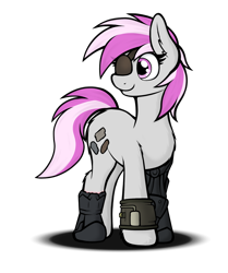 Size: 1464x1749 | Tagged: safe, artist:aaathebap, oc, oc:hired gun, oc:silver storm, earth pony, pony, fallout equestria, fallout equestria: heroes, cyber legs, eyepatch, fallout, fanfic art, female, mare, pipbuck, prosthetics, simple background, solo, standing, transparent background