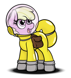Size: 1024x1127 | Tagged: safe, artist:aaathebap, oc, oc:puppysmiles, earth pony, pony, fallout equestria, fallout equestria: pink eyes, bag, fallout, fanfic art, female, filly, foal, happy, radiation suit, saddle bag, simple background, solo, standing, transparent background