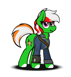 Size: 1464x1583 | Tagged: safe, artist:aaathebap, oc, oc:wandering sunrise, earth pony, pony, fallout equestria, fallout equestria: dead tree, chest fluff, clothes, ear fluff, eye clipping through hair, eyebrows, eyebrows visible through hair, fallout, fanfic art, female, jumpsuit, mare, pipbuck, simple background, solo, standing, transparent background, vault suit