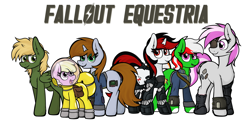 Size: 4036x2076 | Tagged: safe, artist:aaathebap, oc, oc:blackjack, oc:hired gun, oc:littlepip, oc:murky, oc:puppysmiles, oc:wandering sunrise, cyborg, earth pony, pegasus, pony, unicorn, fallout equestria, fallout equestria: dead tree, fallout equestria: heroes, fallout equestria: murky number seven, fallout equestria: pink eyes, fallout equestria: project horizons, alternate mane six, cybernetic legs, fallout, fanfic art, female, filly, foal, group, group photo, simple background, standing, text, white background