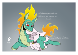 Size: 2079x1463 | Tagged: safe, artist:duragan, derpibooru exclusive, pom (tfh), tianhuo (tfh), dragon, hybrid, lamb, longma, sheep, them's fightin' herds, adorapom, bell, community related, cuddling, cute, duo, female, friendshipping, resting, sibling love, sisterly love, sleeping, snuggling, tianhuaww