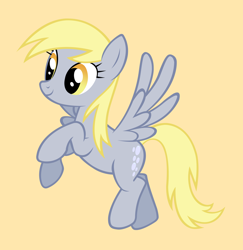 Size: 2412x2486 | Tagged: safe, artist:hoofmade, derpy hooves, pegasus, pony, g4, female, flying, full body, high res, hooves, mare, simple background, smiling, solo, spread wings, tail, underp, wings, yellow background