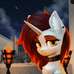 Size: 2000x2000 | Tagged: safe, artist:inowiseei, oc, oc only, oc:blazing sheath, pony, unicorn, building, castle, chest fluff, ear fluff, female, high res, lantern, mare, moon, palm tree, solo, tree, walls