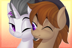 Size: 3000x2000 | Tagged: safe, artist:xvostik, oc, oc only, oc:haze rad, oc:talu gana, pegasus, pony, unicorn, bust, commission, commissioner:biohazard, cowboy hat, cute, duo, eyebrows, eyebrows visible through hair, gay, gradient background, hat, high res, highlights, horn, looking at each other, male, nuzzling, one eye closed, pegasus oc, portrait, purple eyes, smiling, smiling at each other, stallion, stetson, taze, unicorn oc, ych result
