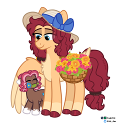 Size: 1900x2000 | Tagged: safe, artist:pink-pone, oc, oc only, oc:ginger bread, oc:heather, earth pony, pegasus, pony, chest fluff, coat markings, earth pony oc, eyes closed, female, filly, flower, foal, hat, hoof polish, hooves, lidded eyes, mare, mouth hold, pegasus oc, signature, simple background, smiling, socks (coat markings), standing, tail, white background, wings