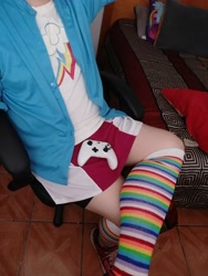 Size: 3456x4608 | Tagged: safe, photographer:mr.sparkle, rainbow dash, human, equestria girls, g4, clothes, cosplay, costume, crossdressing, crossplay, irl, irl human, legs, photo, pictures of legs, rainbow socks, shorts, skirt, socks, solo, striped socks, xbox, xbox one