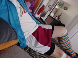 Size: 4608x3456 | Tagged: safe, photographer:mr.sparkle, rainbow dash, twilight sparkle, alicorn, human, equestria girls, g4, clothes, cosplay, costume, crossdressing, crossplay, irl, irl human, photo, rainbow socks, shorts, skirt, socks, solo, striped socks, twilight sparkle (alicorn)