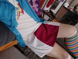 Size: 4608x3456 | Tagged: safe, photographer:mr.sparkle, rainbow dash, twilight sparkle, alicorn, human, equestria girls, g4, clothes, cosplay, costume, couch, crossdressing, crossplay, femboy, irl, irl human, male, photo, rainbow socks, skirt, socks, solo, striped socks, twilight sparkle (alicorn), unbuttoned