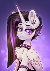Size: 2480x3508 | Tagged: safe, artist:dandy, princess celestia, alicorn, pony, between dark and dawn, g4, bust, celestia is not amused, chest fluff, collar, ear fluff, ear piercing, eyeshadow, goth, high res, horn, looking at you, makeup, piercing, punklestia, solo, spiked collar, unamused, wings