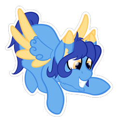 Size: 1870x1915 | Tagged: safe, artist:justapone, oc, oc only, oc:helmie, pegasus, pony, cheek fluff, chin fluff, colored, colored pupils, colored wings, ear fluff, feathered wings, februpony, grin, gritted teeth, male, pegasus oc, pointing, simple background, smiling, solo, spread wings, stallion, transparent background, wings