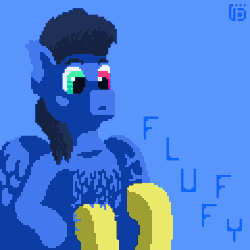 Size: 600x600 | Tagged: safe, artist:vohd, oc, oc only, oc:glorious shark, oc:vohd, earth pony, pegasus, pony, animated, chest fluff, gif, heterochromia, pixel art, solo focus, stroking, surprised