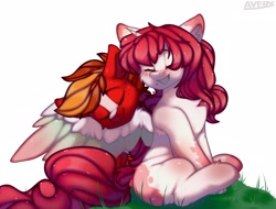 Size: 2048x1560 | Tagged: safe, artist:avery-valentine, oc, oc only, earth pony, pony, brown mane, colored wings, commission, couple, couples, eyes closed, grass, happy, looking at each other, multicolored hair, multicolored wings, red hair, simple background, sleeping, smiling, smiling at each other, spread wings, white background, wings, ych result