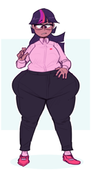 Size: 1000x1900 | Tagged: safe, artist:secretgoombaman12345, twilight sparkle, human, g4, abstract background, blush sticker, blushing, bottom heavy, chubby, clothes, colored sketch, dark skin, fat, female, glasses, human coloration, humanized, looking down, pants, solo, thighs, thunder thighs, twilard sparkle, wide hips