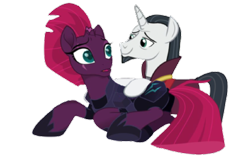 Size: 420x264 | Tagged: safe, artist:decokenite, edit, edited screencap, screencap, chancellor neighsay, fizzlepop berrytwist, tempest shadow, pony, unicorn, g4, armor, bedroom eyes, broken horn, clothes, duo, female, horn, i ship it, just kiss already, looking at each other, looking at someone, male, mare, photo, robe, shipping, shipping fuel, simple background, stallion, straight, tempest neighsay, transparent background