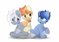 Size: 3035x2150 | Tagged: safe, artist:mochi_nation, oc, oc only, oc:flame egg, oc:galaxy, oc:silver bolt, earth pony, pony, coat markings, eye clipping through hair, female, high res, looking at each other, looking at someone, mare, sitting, smiling, trio