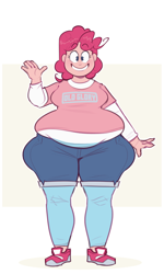 Size: 1200x2000 | Tagged: safe, artist:secretgoombaman12345, pinkie pie, human, g4, abstract background, belly, big belly, blushing, colored sketch, fat, female, human coloration, humanized, looking at you, muffin top, pudgy pie, smiling, smiling at you, solo, waving, wide hips