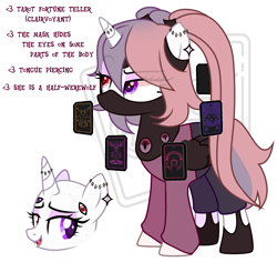 Size: 2772x2620 | Tagged: safe, artist:idkhesoff, oc, oc only, oc:madame foresight, alicorn, hengstwolf, pony, werewolf, alicorn oc, card, clothes, ear piercing, earring, eyeshadow, fangs, female, headscarf, heterochromia, high res, hoof shoes, horn, horn ring, jewelry, makeup, mare, mask, multiple eyes, open mouth, pants, piercing, reference sheet, ring, scarf, shirt, simple background, solo, tarot, tarot card, tongue out, white background, wings