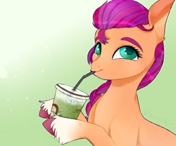 Size: 953x791 | Tagged: safe, artist:woollyart, sunny starscout, earth pony, pony, g5, drink, drinking, drinking straw, female, ice, mare, matcha, solo