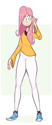 Size: 835x2004 | Tagged: safe, artist:secretgoombaman12345, fluttershy, human, g4, abstract background, blushing, clothes, colored sketch, eye clipping through hair, female, human coloration, humanized, looking sideways, pants, skinny, solo, tall, tallershy, thin