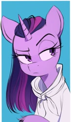 Size: 396x678 | Tagged: safe, artist:fanzeem, twilight sparkle, ambiguous race, pony, g4, alternate hairstyle, bust, clothes, lidded eyes, raised eyebrow, solo, wip